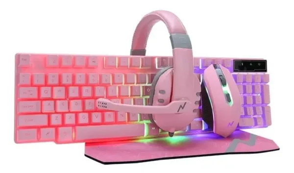 COMBO GAMER NKB-411 TECLADO Y MOUSE RETROILUMINADO+ AURICULAR + MOUSE PAD ROSA