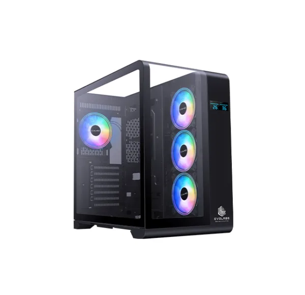 GABINETE GAMER EVO-400AB SYNERGY + 3 COOLER ARGB + PANEL FRONTAL-SUPERIOR VIDRIO CURVO + PANEL LCD