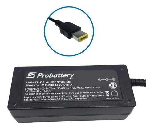 Cargador de Notebook - 20v 3,25Ah - 65W - (Plug: Amarillo Cuadrado) - Lenovo - "Incluye Cable Power"