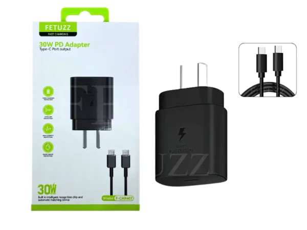 CABEZAL CARGADOR CELULAR 30W CON 1 TIPO C + CABLE TIPO C A TIPO C