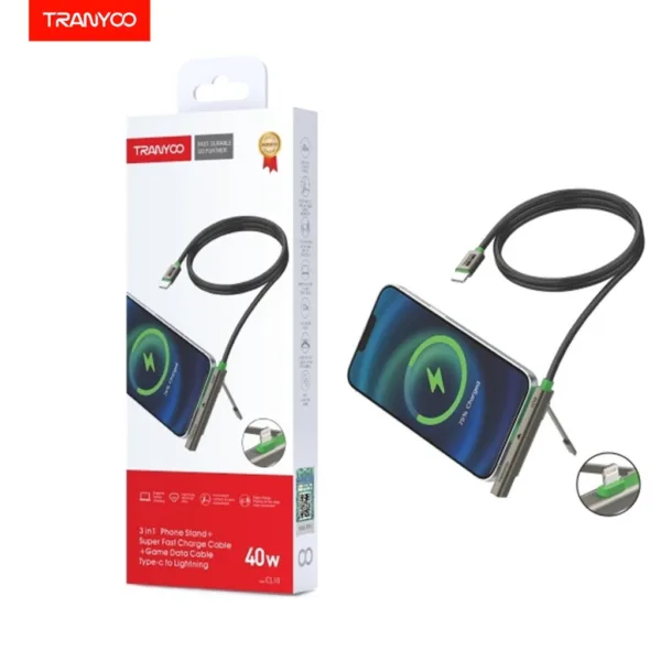 Cable TRANYOO CL10 TIPO C A LIGHTNING 40W 3 en 1 con soporte