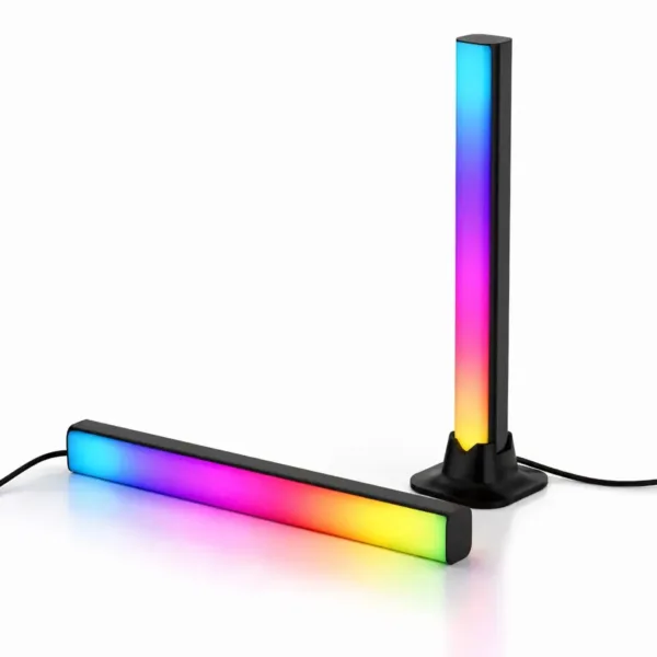 Luces de Ambientación RGBIC de 32cm Alto x 2 Torres - Audioritmicas - BT App - Control Remoto IR - 300º Angulo - 5W Potencia - Tamaño 75x30x320mm Cada Torre - Color Negro - Fuente DC5V Incluída - Global Electronics