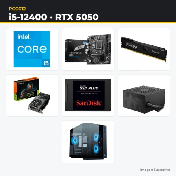 PC Gamer Intel Core i5-12400 + RTX 5050 8GB, 16GB DDR4, SSD 1TB, Fuente MSI 600W, Gabinete EVO-300MB ARGB