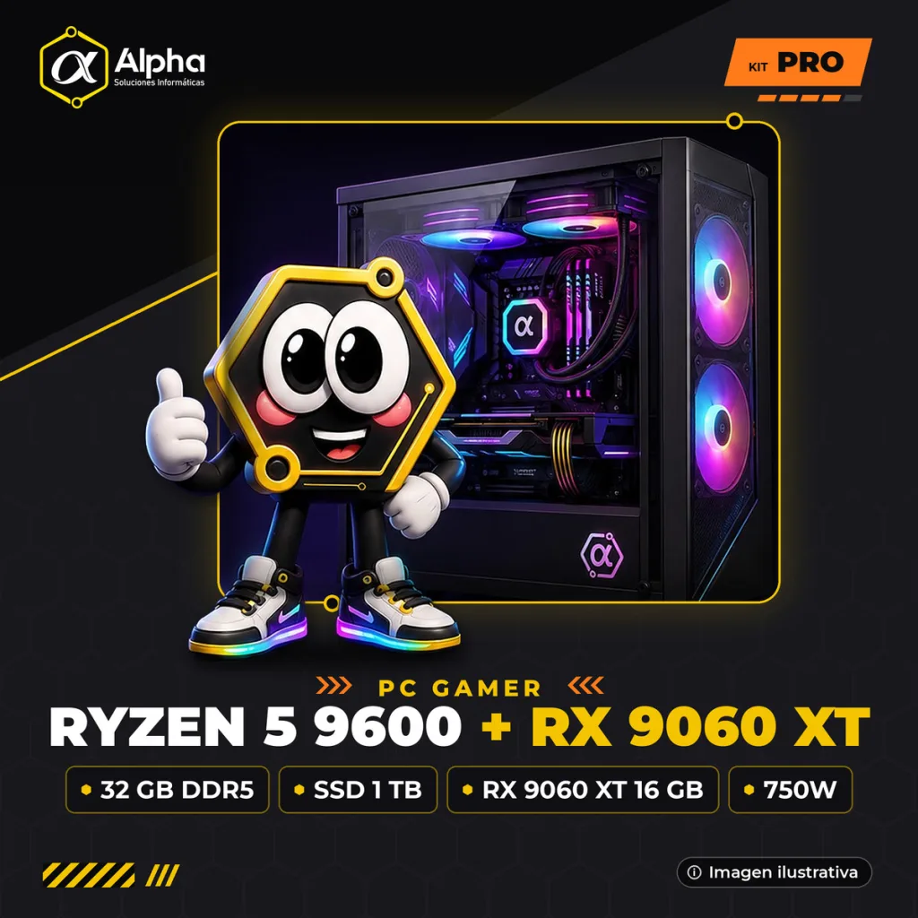 PC GAMER RYZEN 5 9600 – B650M – 32 GB DDR5 – SSD 1 TB – RX 9060 XT 16 GB – 750W – GAB. EVO-400AB