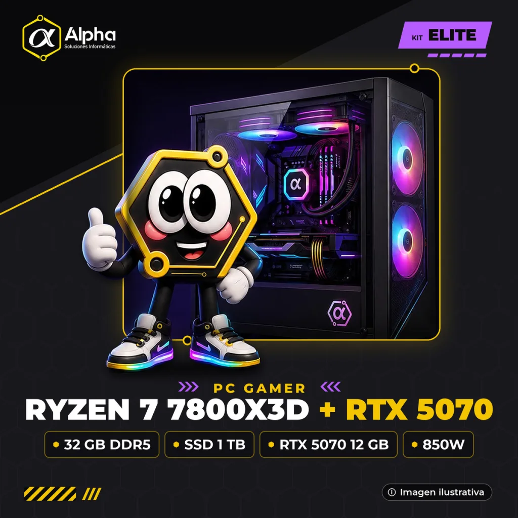 PC GAMER RYZEN 7 7800X3D – B650M – 32 GB DDR5 – SSD 1 TB – RTX 5070 12 GB – 850W – WATER 240 – GAB. EVO-400AB