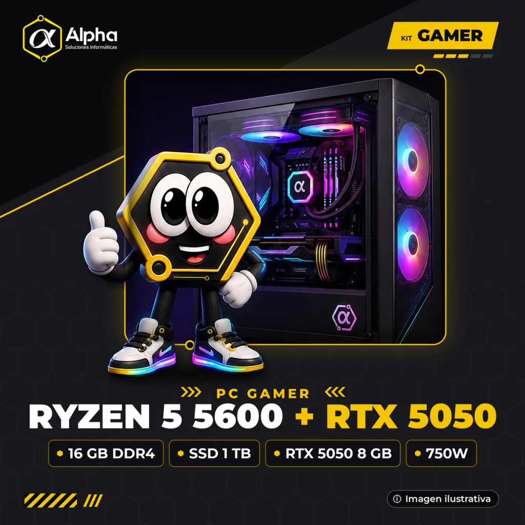 PC GAMER RYZEN 5 5600 – B550M – 16 GB DDR4 – SSD 1 TB – RTX 5050 8 GB – 750W – GAB. EVO-400AB