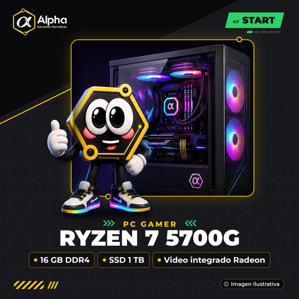 PC GAMER RYZEN 7 5700G – A520M – 16 GB DDR4 – SSD 1 TB – VIDEO INTEGRADO RADEON – 550W – GAB. RAPTOR INFINITY GLASS