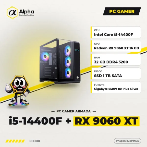PC GAMER CORE I5 14400F – B760M – 32 GB DDR4 – SSD 1 TB – RX 9060 XT 16 GB – 650W – GAB. EVO-400AB