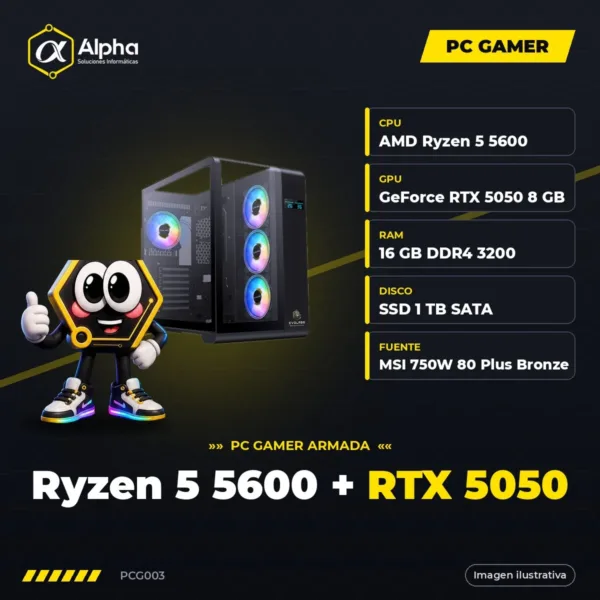 PC GAMER RYZEN 5 5600 – B550M – 16 GB DDR4 – SSD 1 TB – RTX 5050 8 GB – 750W – GAB. EVO-400AB