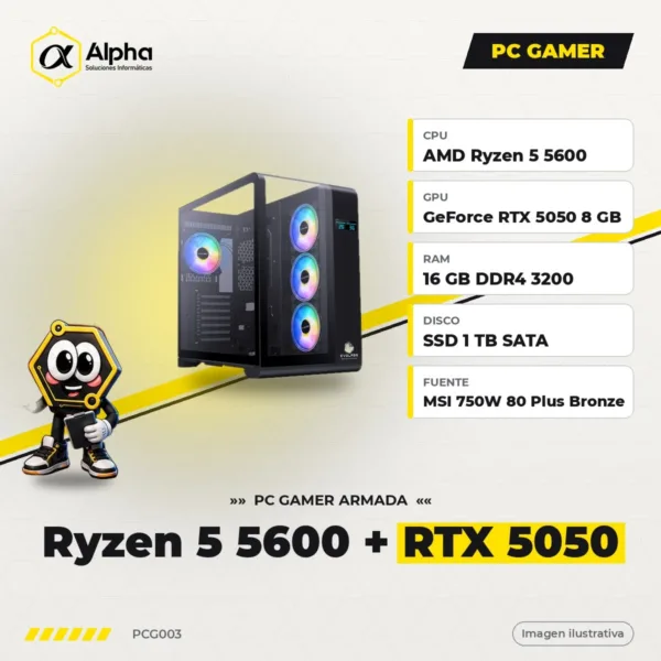 PC GAMER RYZEN 5 5600 – B550M – 16 GB DDR4 – SSD 1 TB – RTX 5050 8 GB – 750W – GAB. EVO-400AB