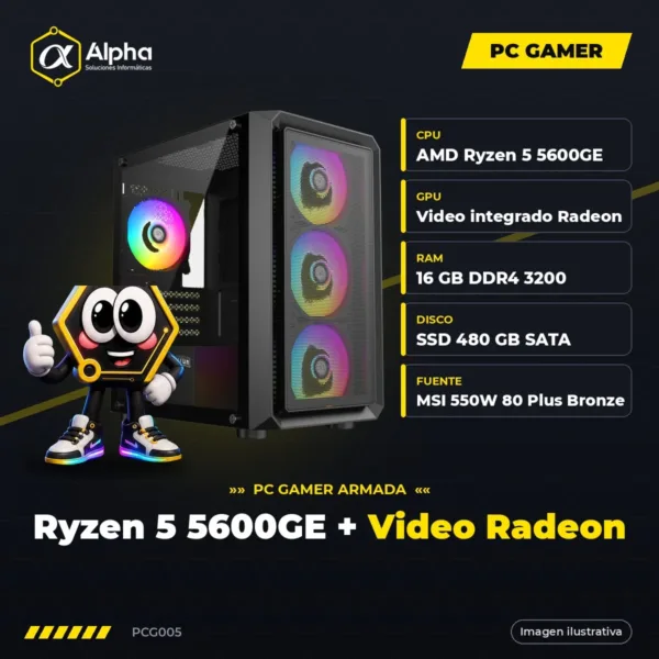 PC GAMER RYZEN 5 5600GE – A520M – 16 GB DDR4 – SSD 480 GB – VIDEO INTEGRADO RADEON – 550W – GAB. RAPTOR INFINITY MESH