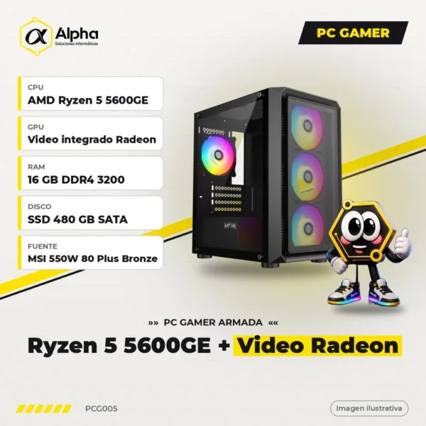 PC GAMER RYZEN 5 5600GE – A520M – 16 GB DDR4 – SSD 480 GB – VIDEO INTEGRADO RADEON – 550W – GAB. RAPTOR INFINITY MESH