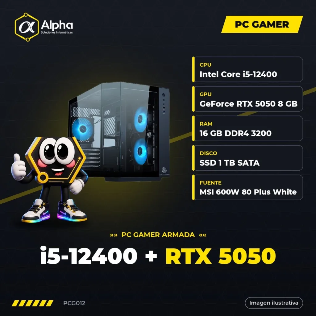 PC Gamer Intel Core i5-12400 + RTX 5050 8GB, 16GB DDR4, SSD 1TB, Fuente MSI 600W, Gabinete EVO-300MB ARGB