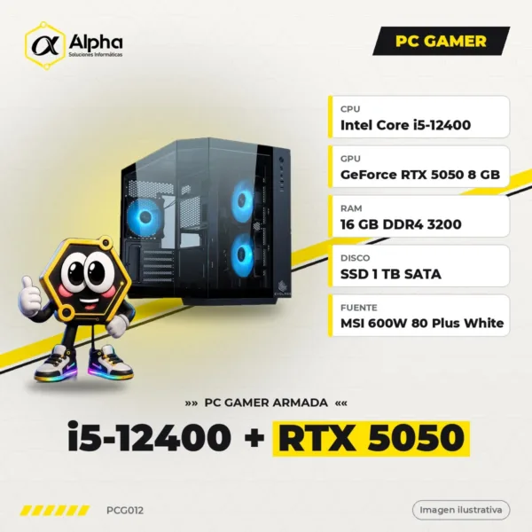 PC Gamer Intel Core i5-12400 + RTX 5050 8GB, 16GB DDR4, SSD 1TB, Fuente MSI 600W, Gabinete EVO-300MB ARGB