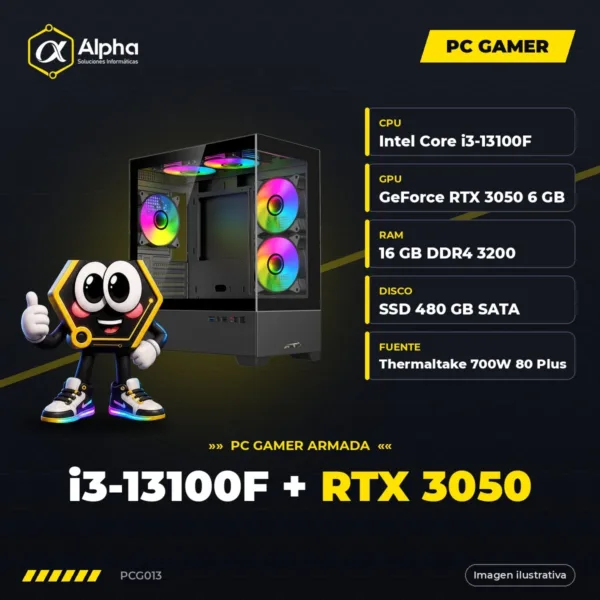 PC Gamer Intel Core i3-13100F + RTX 3050 6GB, 16GB DDR4, SSD 480GB, Fuente Thermaltake 700W, Gabinete Sentey H30 ARGB