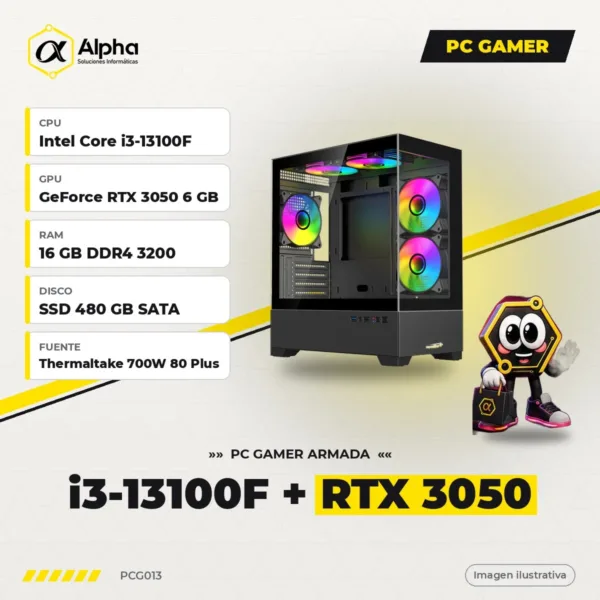 PC Gamer Intel Core i3-13100F + RTX 3050 6GB, 16GB DDR4, SSD 480GB, Fuente Thermaltake 700W, Gabinete Sentey H30 ARGB