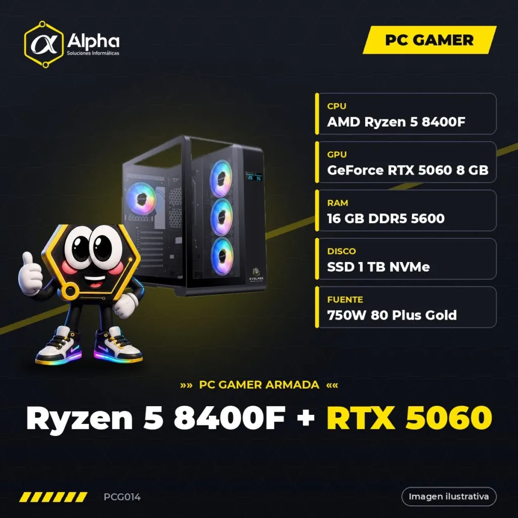 PC Gamer AMD Ryzen 5 8400F + RTX 5060 8GB, 16GB DDR5, SSD NVMe 1TB, Fuente 750W Gold modular