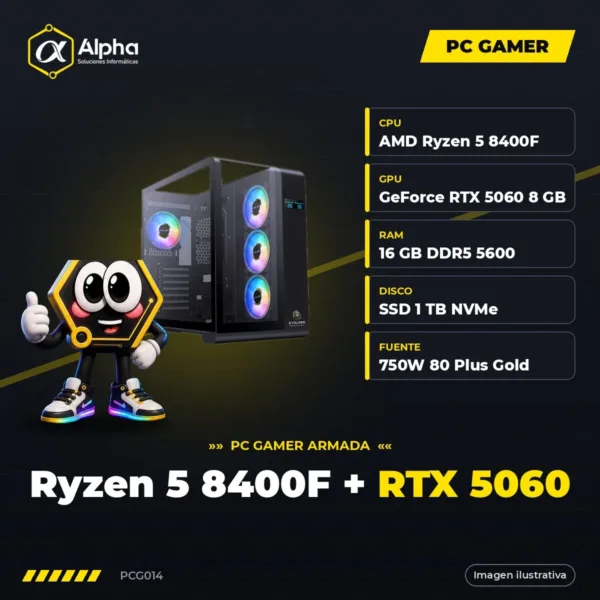 PC Gamer AMD Ryzen 5 8400F + RTX 5060 8GB, 16GB DDR5, SSD NVMe 1TB, Fuente 750W Gold modular