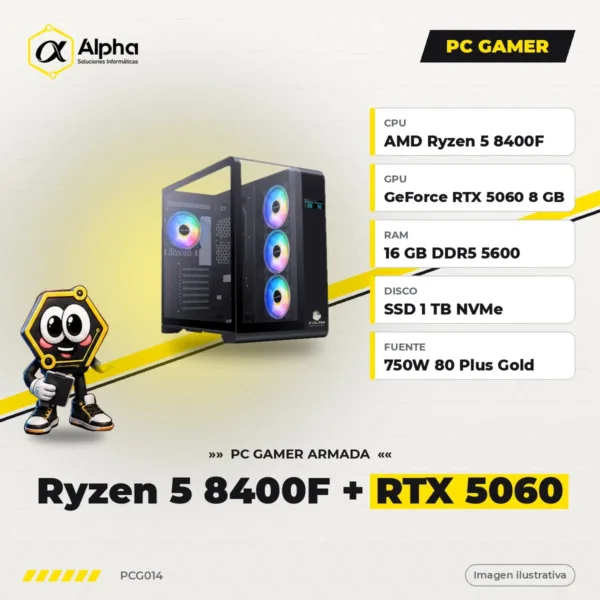 PC Gamer AMD Ryzen 5 8400F + RTX 5060 8GB, 16GB DDR5, SSD NVMe 1TB, Fuente 750W Gold modular
