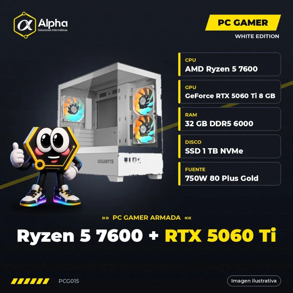PC Gamer White AMD Ryzen 5 7600 + RTX 5060 Ti 8GB, 32GB DDR5, SSD NVMe 1TB, Fuente 750W Gold, WiFi