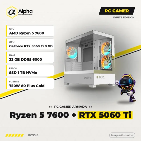 PC Gamer White AMD Ryzen 5 7600 + RTX 5060 Ti 8GB, 32GB DDR5, SSD NVMe 1TB, Fuente 750W Gold, WiFi